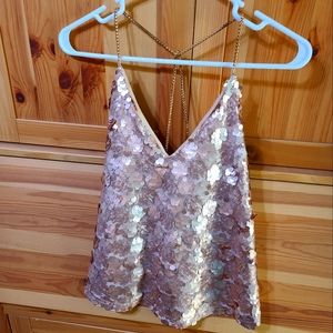 Rose Gold Sequin Crop Top W/Chain Detail